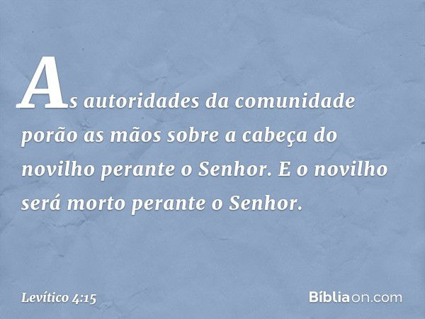 As autorida­des da comunidade porão as mãos sobre a cabe­ça do novilho perante o Senhor. E o novilho será morto perante o Senhor. -- Levítico 4:15