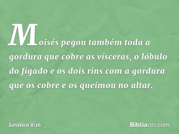 Moisés pegou também toda a gordura que cobre as vísceras, o lóbulo do fígado e os dois rins com a gordura que os cobre e os queimou no altar. -- Levítico 8:16