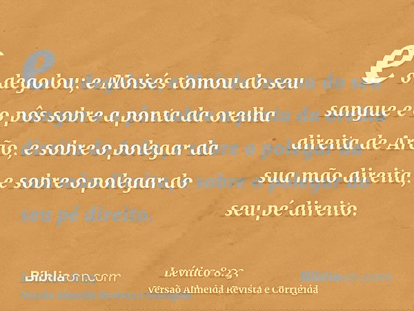 e o degolou; e Moisés tomou do seu sangue e o pôs sobre a ponta da orelha direita de Arão, e sobre o polegar da sua mão direita, e sobre o polegar do seu pé dir