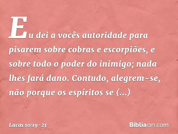 Eu dei a vocês autoridade para pisarem sobre cobras e escorpiões, e sobre todo o poder do inimigo; nada lhes fará dano. Contudo, alegrem-se, não porque os espír