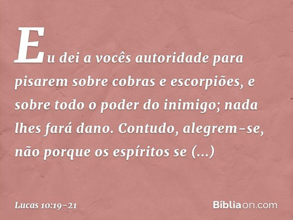 Eu dei a vocês autoridade para pisarem sobre cobras e escorpiões, e sobre todo o poder do inimigo; nada lhes fará dano. Contudo, alegrem-se, não porque os espír