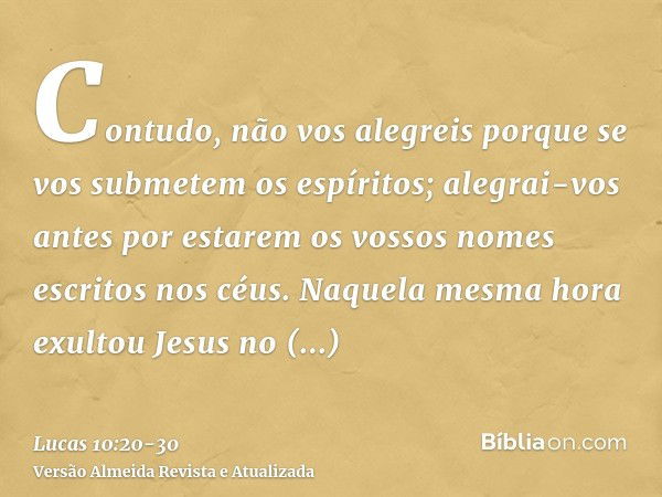 Contudo, não vos alegreis porque se vos submetem os espíritos; alegrai-vos antes por estarem os vossos nomes escritos nos céus.Naquela mesma hora exultou Jesus 