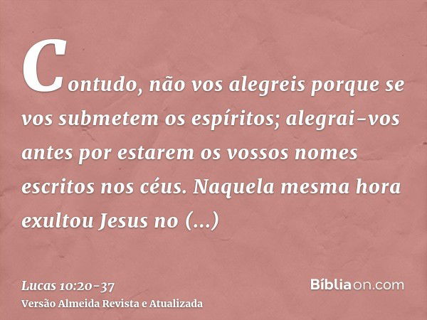 Contudo, não vos alegreis porque se vos submetem os espíritos; alegrai-vos antes por estarem os vossos nomes escritos nos céus.Naquela mesma hora exultou Jesus 