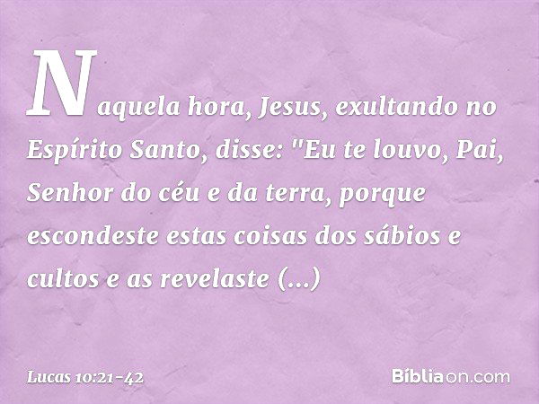 Naquela hora, Jesus, exultando no Espírito Santo, disse: "Eu te louvo, Pai, Senhor do céu e da terra, porque escondeste estas coisas dos sábios e cultos e as re