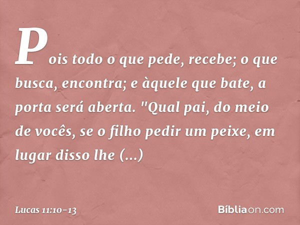 Pois todo o que pede, recebe; o que busca, encontra; e àquele que bate, a porta será aberta. "Qual pai, do meio de vocês, se o filho pedir um peixe, em lugar di