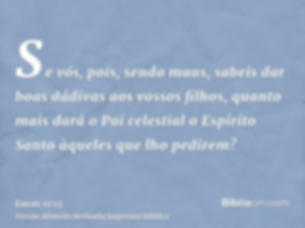 Se vós, pois, sendo maus, sabeis dar boas dádivas aos vossos filhos, quanto mais dará o Pai celestial o Espírito Santo àqueles que lho pedirem?