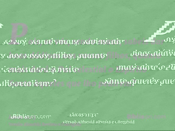 Pois, se vós, sendo maus, sabeis dar boas dádivas aos vossos filhos, quanto mais dará o Pai celestial o Espírito Santo àqueles que lho pedirem?