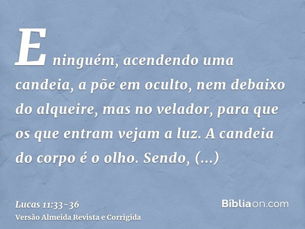 E ninguém, acendendo uma candeia, a põe em oculto, nem debaixo do alqueire, mas no velador, para que os que entram vejam a luz.A candeia do corpo é o olho. Send