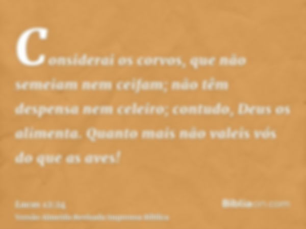 Considerai os corvos, que não semeiam nem ceifam; não têm despensa nem celeiro; contudo, Deus os alimenta. Quanto mais não valeis vós do que as aves!