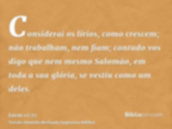 Considerai os lírios, como crescem; não trabalham, nem fiam; contudo vos digo que nem mesmo Salomão, em toda a sua glória, se vestiu como um deles.