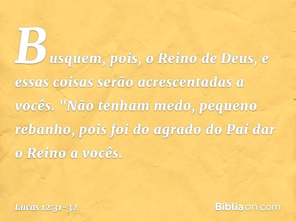 Busquem, pois, o Reino de Deus, e essas coisas serão acrescentadas a vocês. "Não tenham medo, pequeno rebanho, pois foi do agrado do Pai dar o Reino a vocês. --