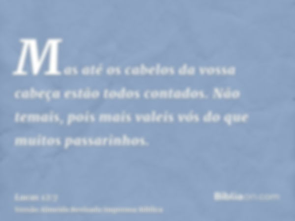 Mas até os cabelos da vossa cabeça estão todos contados. Não temais, pois mais valeis vós do que muitos passarinhos.