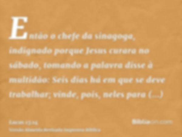 Então o chefe da sinagoga, indignado porque Jesus curara no sábado, tomando a palavra disse à multidão: Seis dias há em que se deve trabalhar; vinde, pois, nele