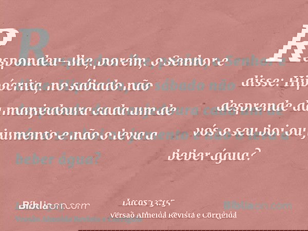 Respondeu-lhe, porém, o Senhor e disse: Hipócrita, no sábado não desprende da manjedoura cada um de vós o seu boi ou jumento e não o leva a beber água?