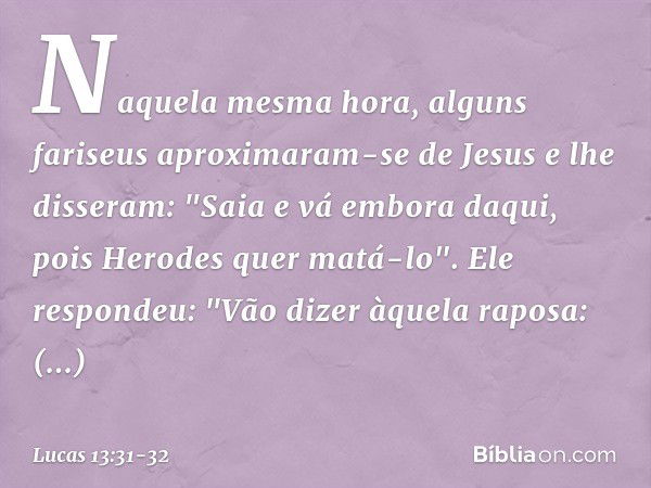 Naquela mesma hora, alguns fariseus aproximaram-se de Jesus e lhe disseram: "Saia e vá embora daqui, pois Herodes quer matá-lo". Ele respondeu: "Vão dizer àquel