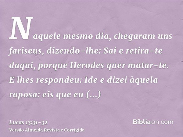 Naquele mesmo dia, chegaram uns fariseus, dizendo-lhe: Sai e retira-te daqui, porque Herodes quer matar-te.E lhes respondeu: Ide e dizei àquela raposa: eis que 