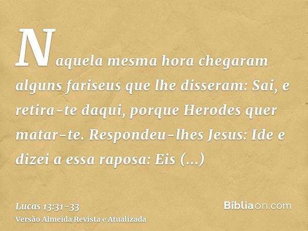 Naquela mesma hora chegaram alguns fariseus que lhe disseram: Sai, e retira-te daqui, porque Herodes quer matar-te.Respondeu-lhes Jesus: Ide e dizei a essa rapo