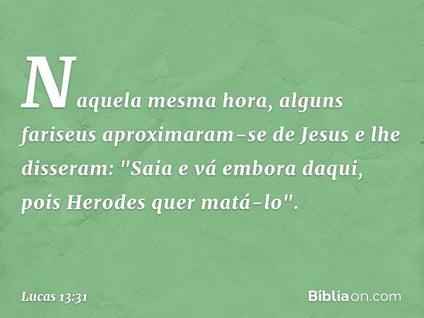 Naquela mesma hora, alguns fariseus aproximaram-se de Jesus e lhe disseram: "Saia e vá embora daqui, pois Herodes quer matá-lo". -- Lucas 13:31