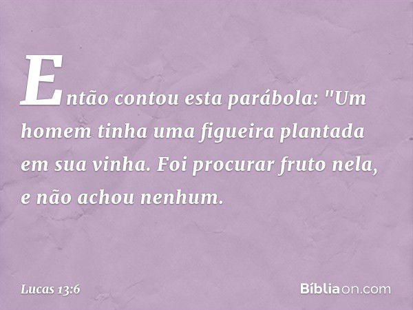 Então contou esta parábola: "Um homem tinha uma figueira plantada em sua vinha. Foi procurar fruto nela, e não achou nenhum. -- Lucas 13:6