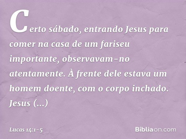 Certo sábado, entrando Jesus para comer na casa de um fariseu importante, observavam-no atentamente. À frente dele estava um homem doente, com o corpo inchado. 