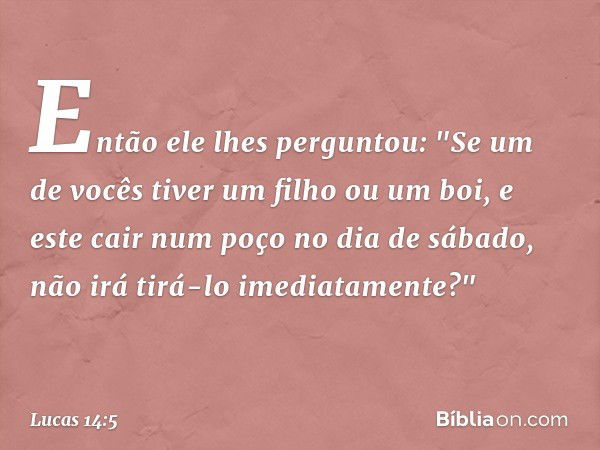 Então ele lhes perguntou: "Se um de vocês tiver um filho ou um boi, e este cair num poço no dia de sábado, não irá tirá-lo imediatamente?" -- Lucas 14:5