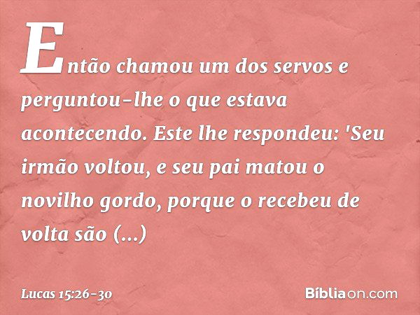 Então chamou um dos servos e perguntou-lhe o que estava acontecendo. Este lhe respondeu: 'Seu irmão voltou, e seu pai matou o novilho gordo, porque o recebeu de