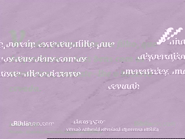 vindo, porém, este teu filho, que desperdiçou os teus bens com as meretrizes, mataste-lhe o bezerro cevado.