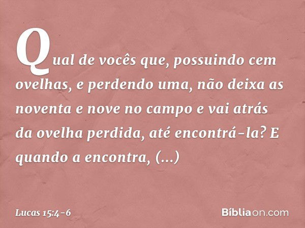 "Qual de vocês que, possuindo cem ovelhas, e perdendo uma, não deixa as noventa e nove no campo e vai atrás da ovelha perdida, até encontrá-la? E quando a encon