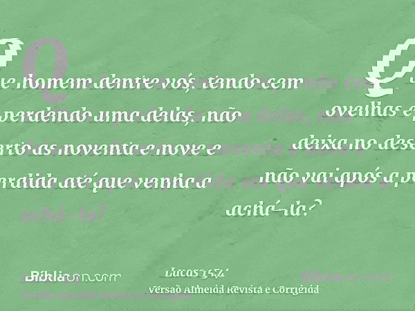 Que homem dentre vós, tendo cem ovelhas e perdendo uma delas, não deixa no deserto as noventa e nove e não vai após a perdida até que venha a achá-la?