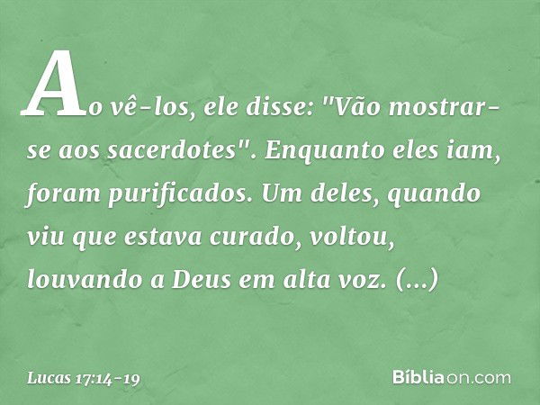 Ao vê-los, ele disse: "Vão mostrar-se aos sacerdotes". Enquanto eles iam, foram purificados. Um deles, quando viu que estava curado, voltou, louvando a Deus em 