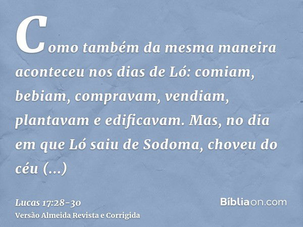 Como também da mesma maneira aconteceu nos dias de Ló: comiam, bebiam, compravam, vendiam, plantavam e edificavam.Mas, no dia em que Ló saiu de Sodoma, choveu d