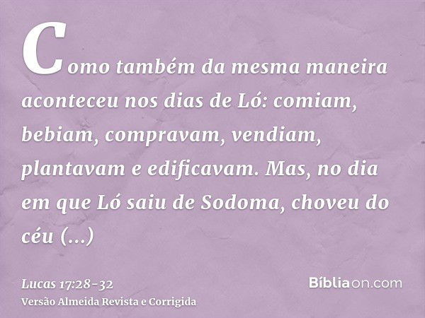 Como também da mesma maneira aconteceu nos dias de Ló: comiam, bebiam, compravam, vendiam, plantavam e edificavam.Mas, no dia em que Ló saiu de Sodoma, choveu d