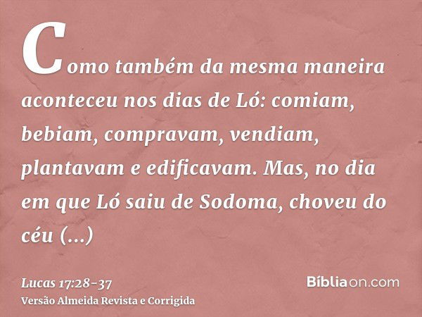 Como também da mesma maneira aconteceu nos dias de Ló: comiam, bebiam, compravam, vendiam, plantavam e edificavam.Mas, no dia em que Ló saiu de Sodoma, choveu d