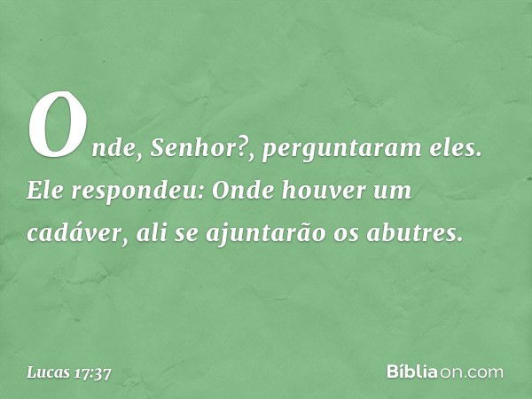 "Onde, Senhor?", perguntaram eles.
Ele respondeu: "Onde houver um cadáver, ali se ajuntarão os abutres". -- Lucas 17:37