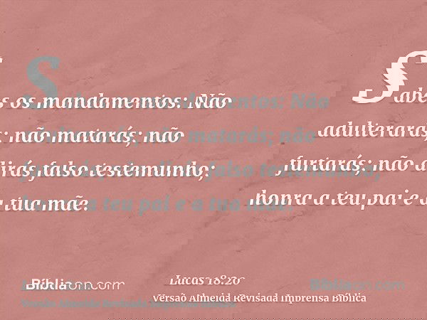 Sabes os mandamentos: Não adulterarás; não matarás; não furtarás; não dirás falso testemunho; honra a teu pai e a tua mãe.