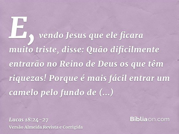 E, vendo Jesus que ele ficara muito triste, disse: Quão dificilmente entrarão no Reino de Deus os que têm riquezas!Porque é mais fácil entrar um camelo pelo fun