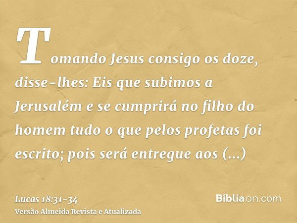 Tomando Jesus consigo os doze, disse-lhes: Eis que subimos a Jerusalém e se cumprirá no filho do homem tudo o que pelos profetas foi escrito;pois será entregue 