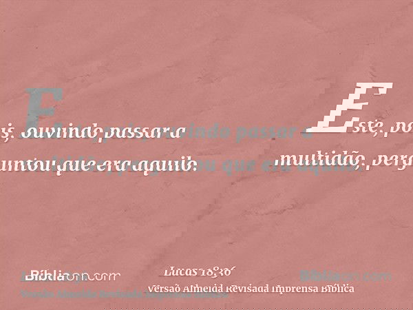Este, pois, ouvindo passar a multidão, perguntou que era aquilo.