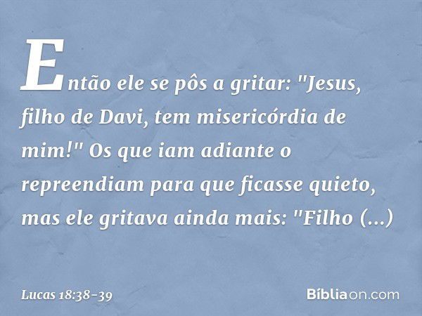 Então ele se pôs a gritar: "Jesus, filho de Davi, tem misericórdia de mim!" Os que iam adiante o repreendiam para que ficasse quieto, mas ele gritava ainda mais