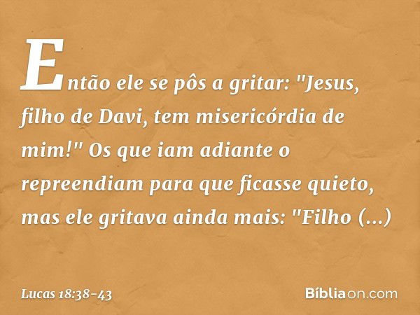 Então ele se pôs a gritar: "Jesus, filho de Davi, tem misericórdia de mim!" Os que iam adiante o repreendiam para que ficasse quieto, mas ele gritava ainda mais