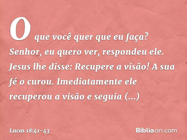 "O que você quer que eu faça?"
"Senhor, eu quero ver", respondeu ele. Jesus lhe disse: "Recupere a visão! A sua fé o curou". Imediatamente ele recuperou a visão