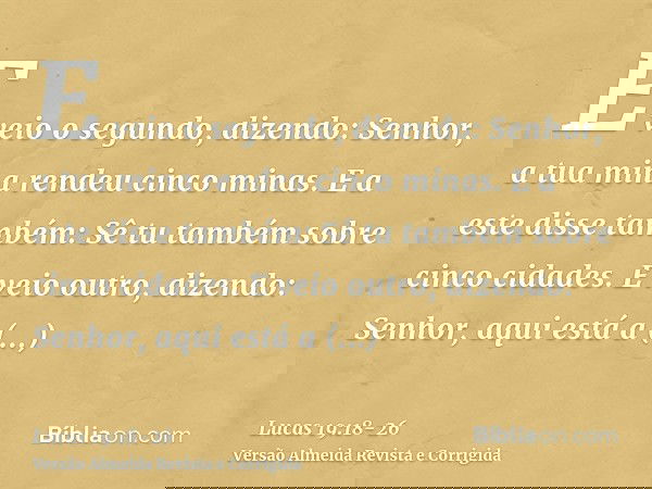 E veio o segundo, dizendo: Senhor, a tua mina rendeu cinco minas.E a este disse também: Sê tu também sobre cinco cidades.E veio outro, dizendo: Senhor, aqui est