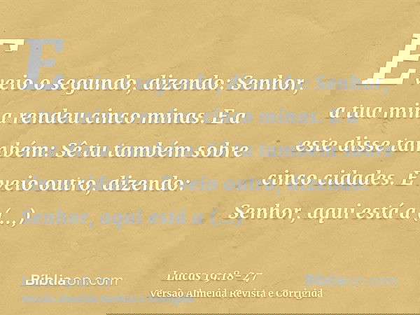 E veio o segundo, dizendo: Senhor, a tua mina rendeu cinco minas.E a este disse também: Sê tu também sobre cinco cidades.E veio outro, dizendo: Senhor, aqui est