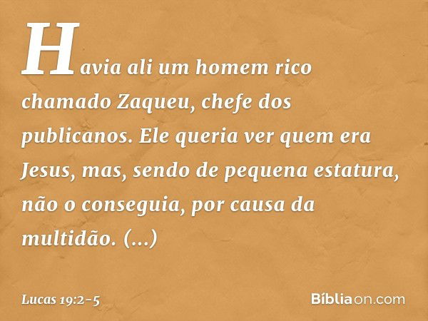 Havia ali um homem rico chamado Zaqueu, chefe dos publicanos. Ele queria ver quem era Jesus, mas, sendo de pequena estatura, não o conseguia, por causa da multi