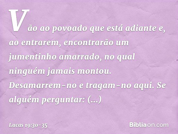 "Vão ao povoado que está adiante e, ao entrarem, encontrarão um jumentinho amarrado, no qual ninguém jamais montou. Desamarrem-no e tragam-no aqui. Se alguém pe