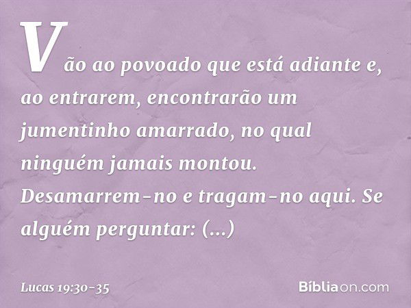 "Vão ao povoado que está adiante e, ao entrarem, encontrarão um jumentinho amarrado, no qual ninguém jamais montou. Desamarrem-no e tragam-no aqui. Se alguém pe