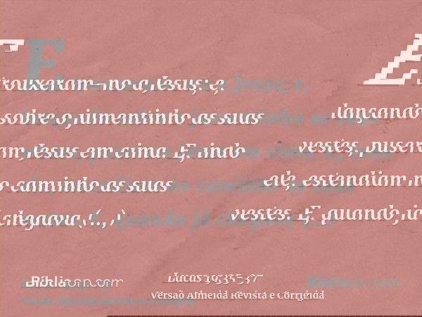 E trouxeram-no a Jesus; e, lançando sobre o jumentinho as suas vestes, puseram Jesus em cima.E, indo ele, estendiam no caminho as suas vestes.E, quando já chega