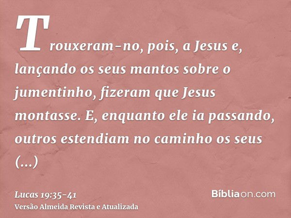 Trouxeram-no, pois, a Jesus e, lançando os seus mantos sobre o jumentinho, fizeram que Jesus montasse.E, enquanto ele ia passando, outros estendiam no caminho o