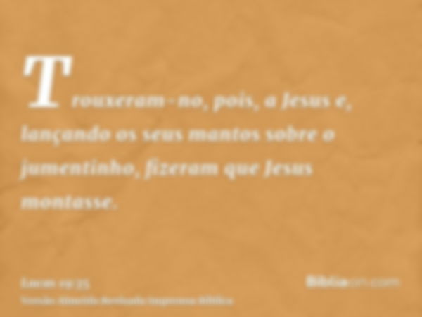 Trouxeram-no, pois, a Jesus e, lançando os seus mantos sobre o jumentinho, fizeram que Jesus montasse.