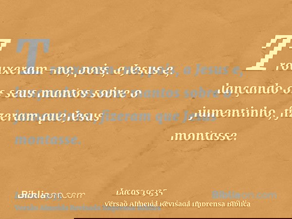 Trouxeram-no, pois, a Jesus e, lançando os seus mantos sobre o jumentinho, fizeram que Jesus montasse.